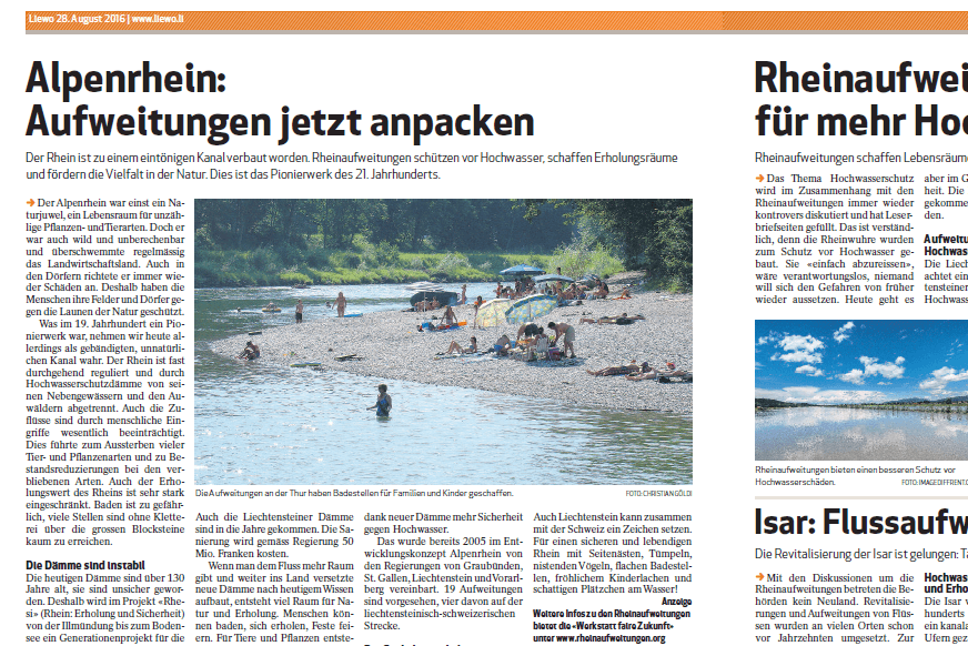Doppelseite über die Rheinaufweitungen in der LieWo vom 28. August 2016